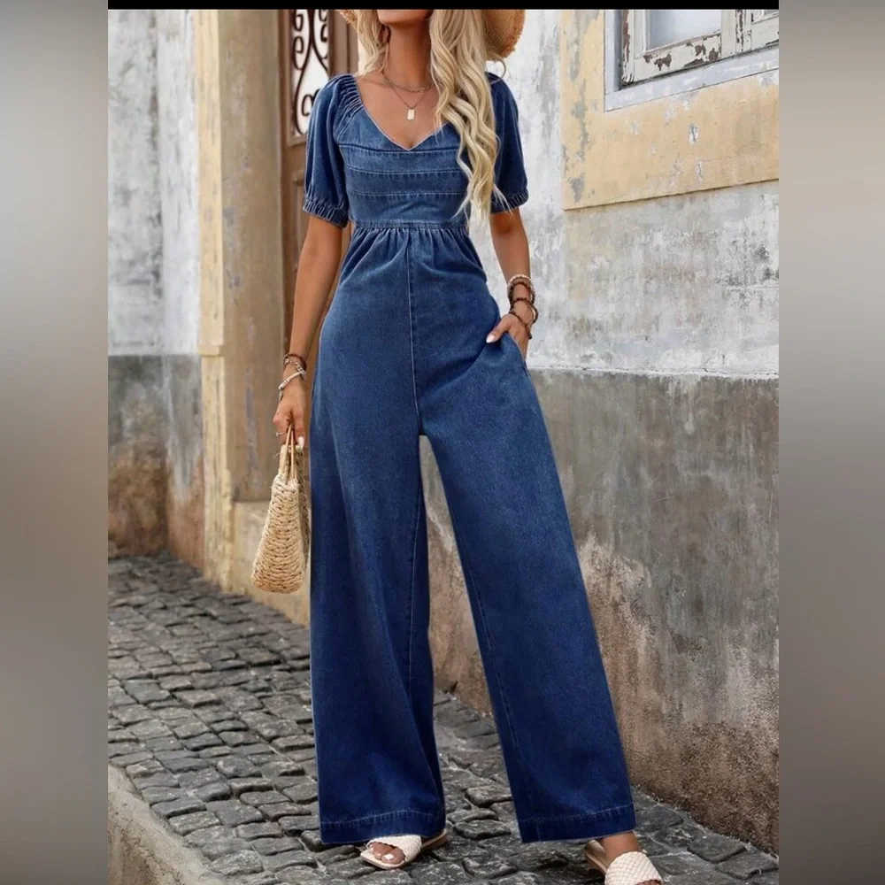 SHEIN Dark Blue Wide Leg Denim Jumpsuit M - Picture 1 of 7